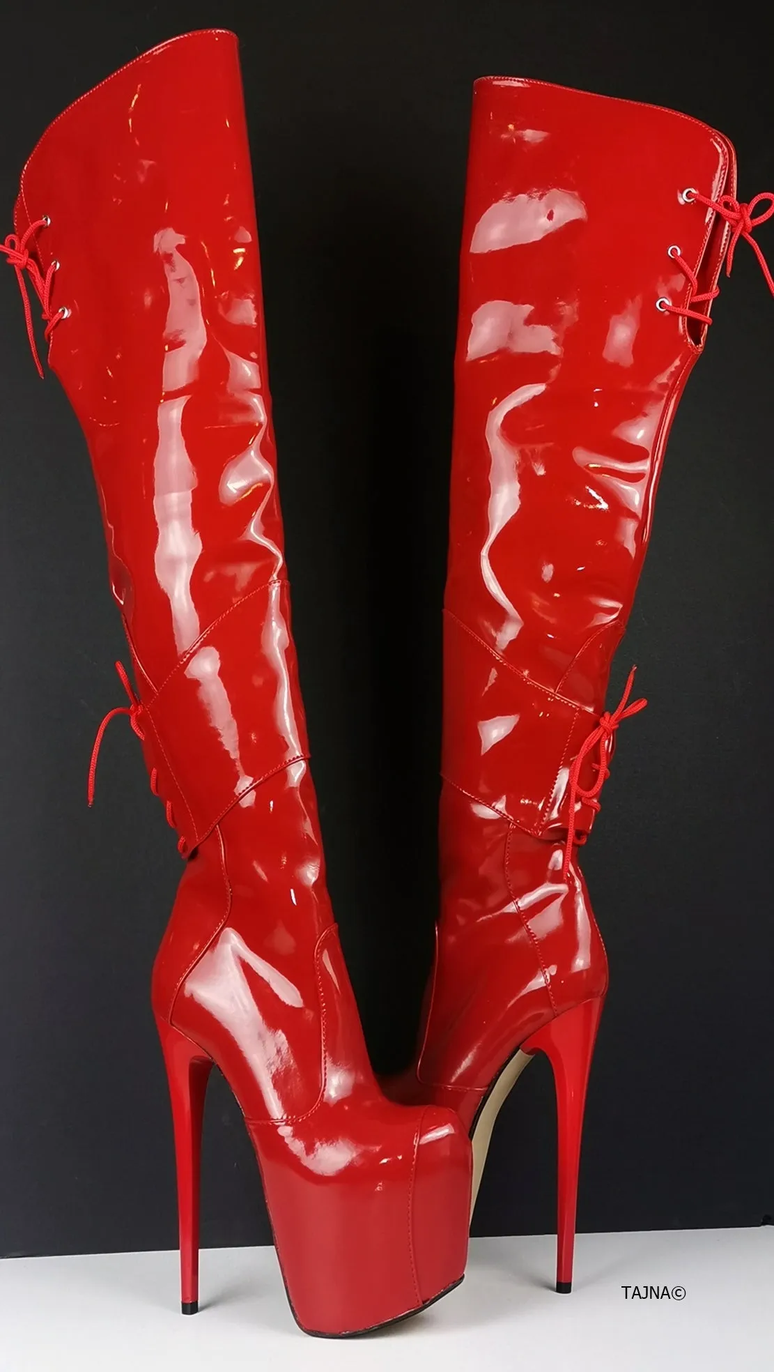 Red Patent Over Knee Heel Boots