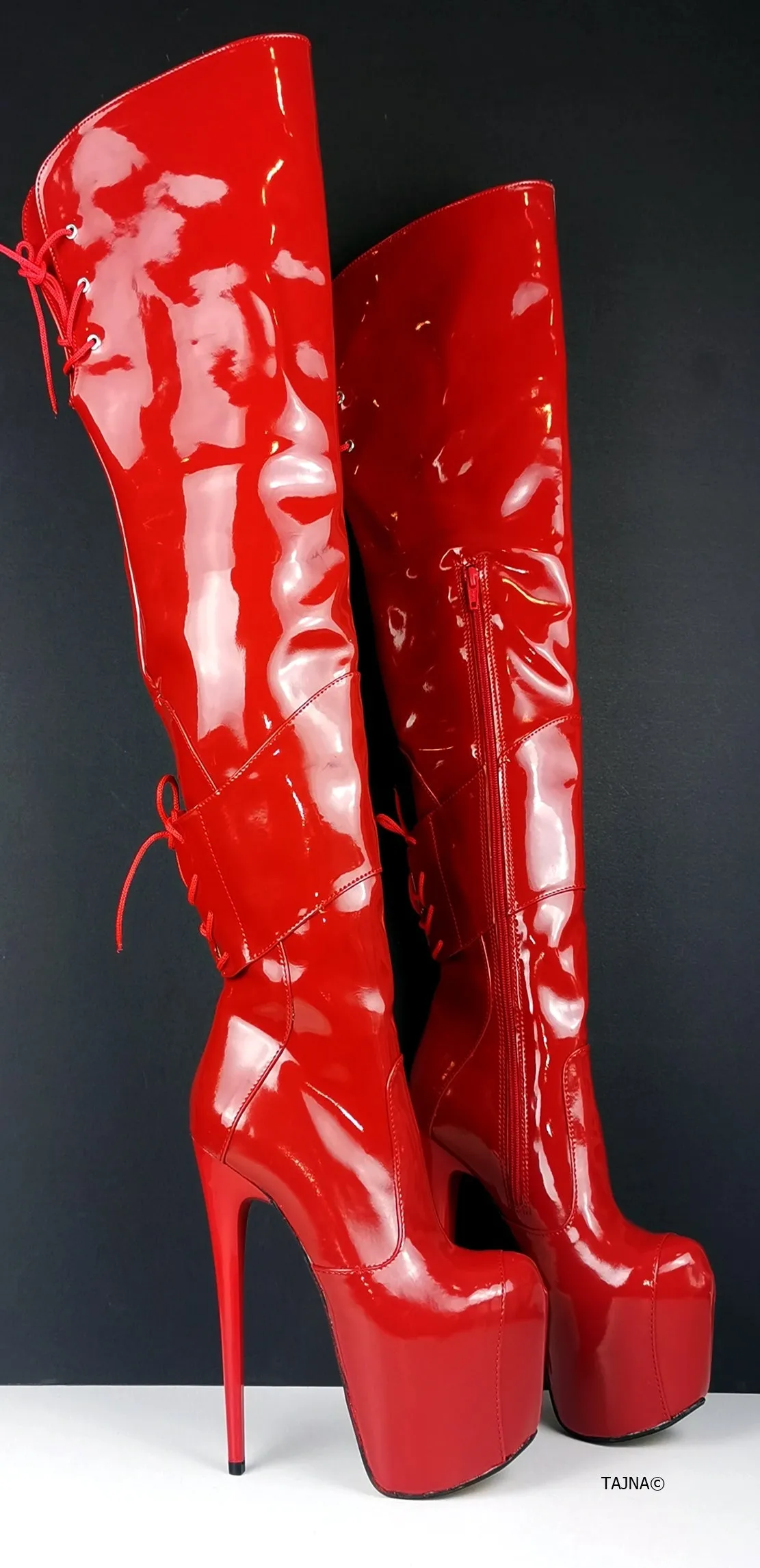 Red Patent Over Knee Heel Boots