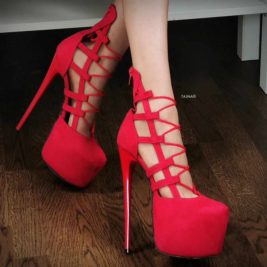Red Suede Bondage Side Lace Heels