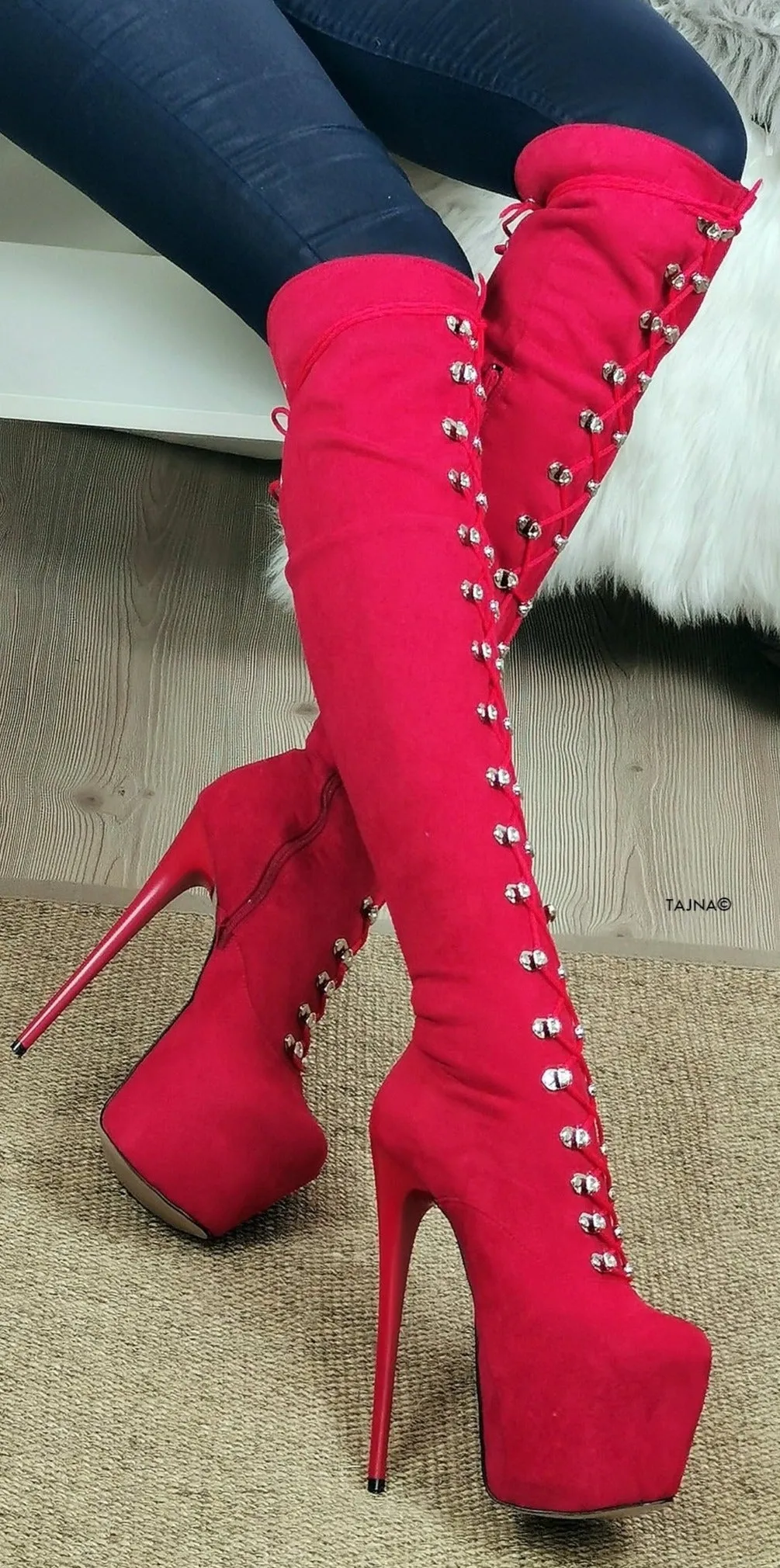 Red Suede Military High Heel Boots