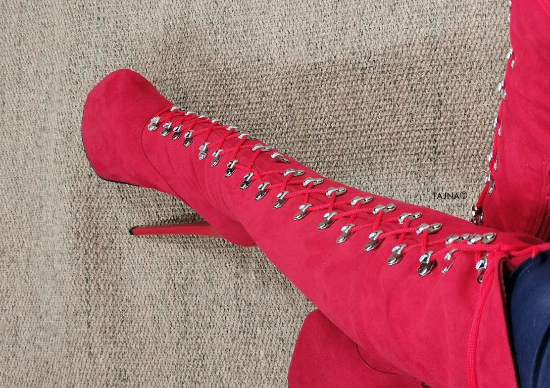 Red Suede Military High Heel Boots
