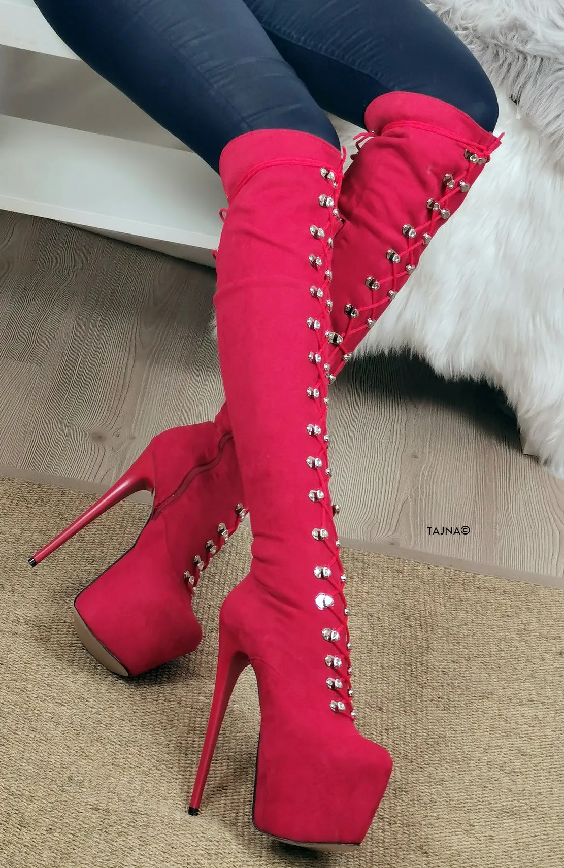 Red Suede Military High Heel Boots