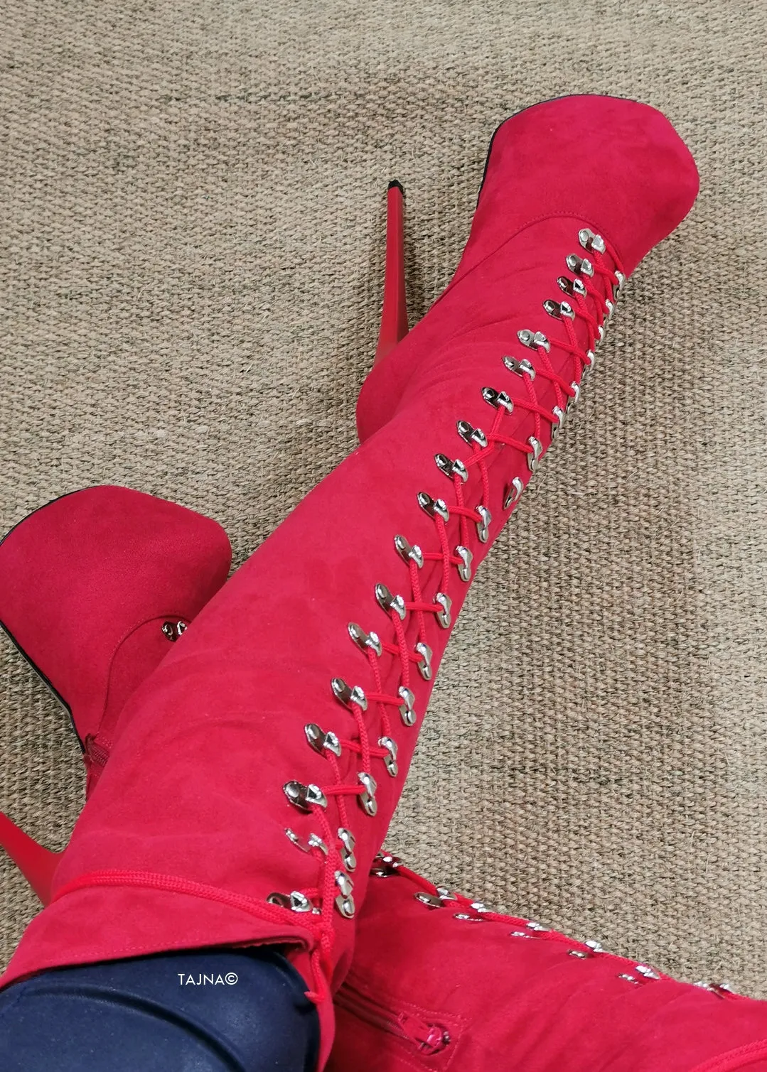 Red Suede Military High Heel Boots