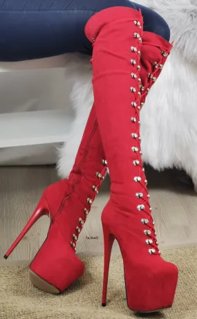 Red Suede Military High Heel Boots
