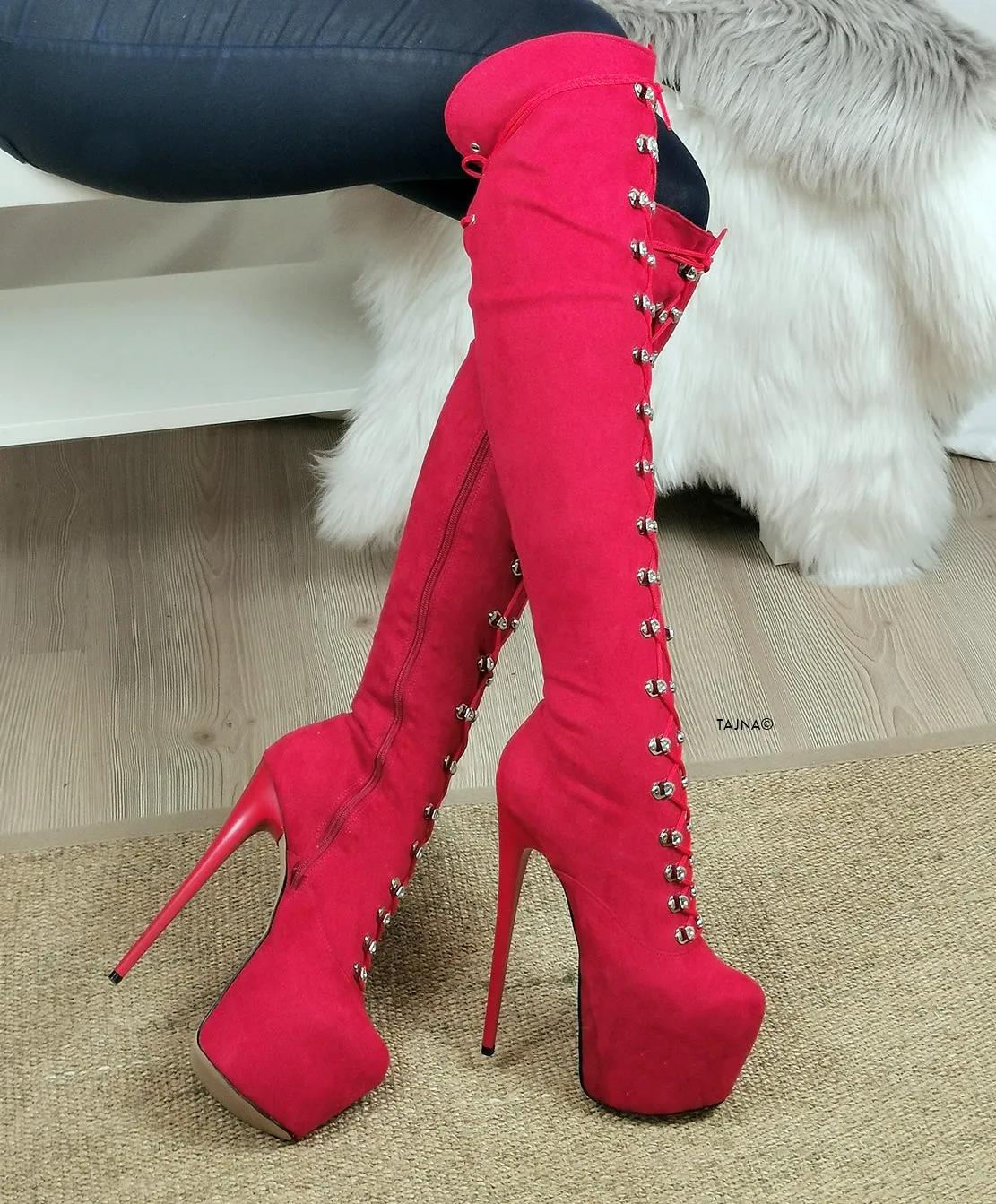 Red Suede Military High Heel Boots