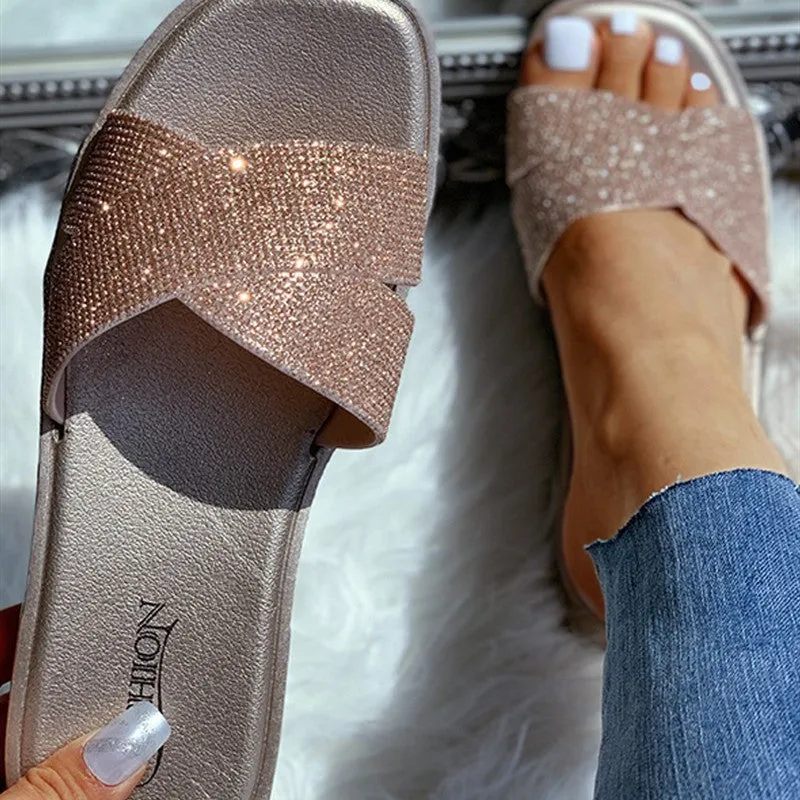 Rhinestone Flat Slippers for Women