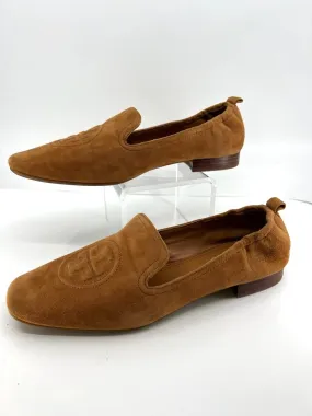 TORY BURCH EMBOSSED LOGO SUEDE AMBRA LOAFERS