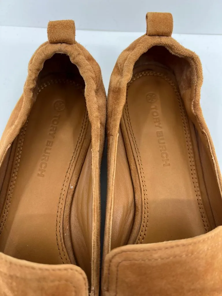 TORY BURCH EMBOSSED LOGO SUEDE AMBRA LOAFERS