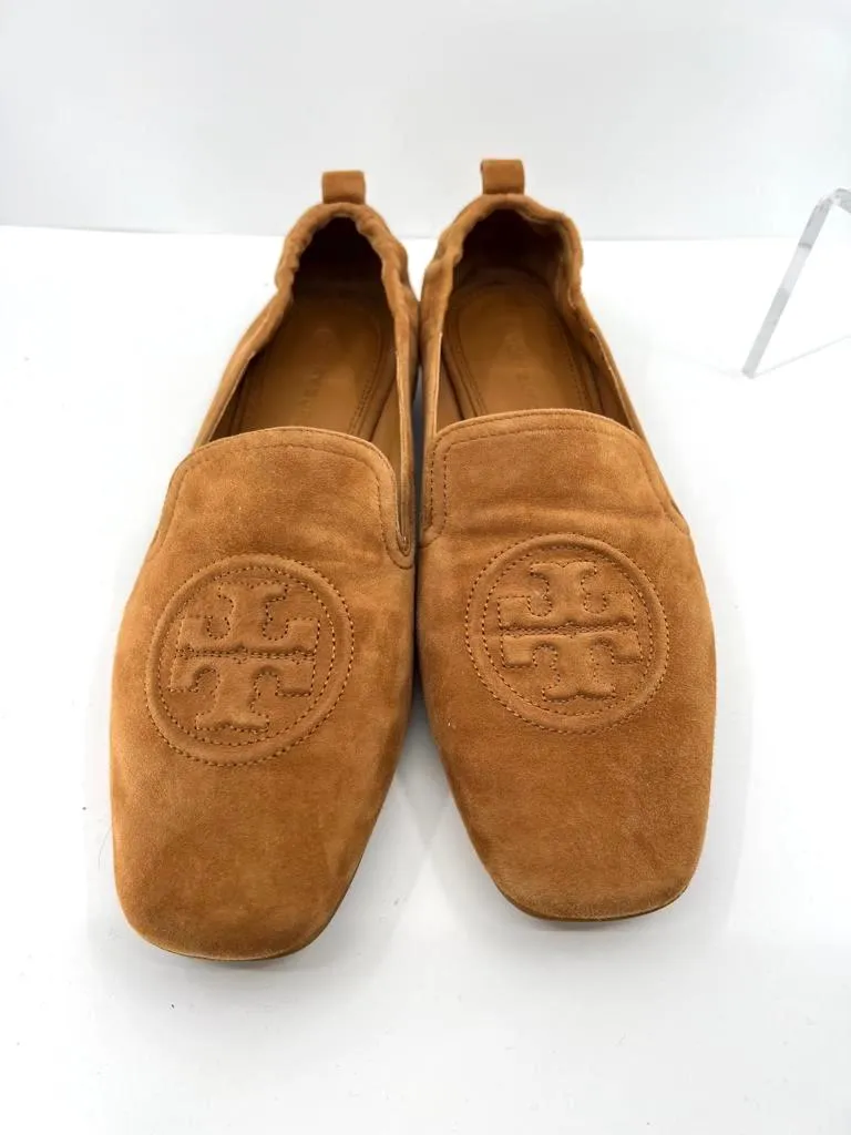 TORY BURCH EMBOSSED LOGO SUEDE AMBRA LOAFERS