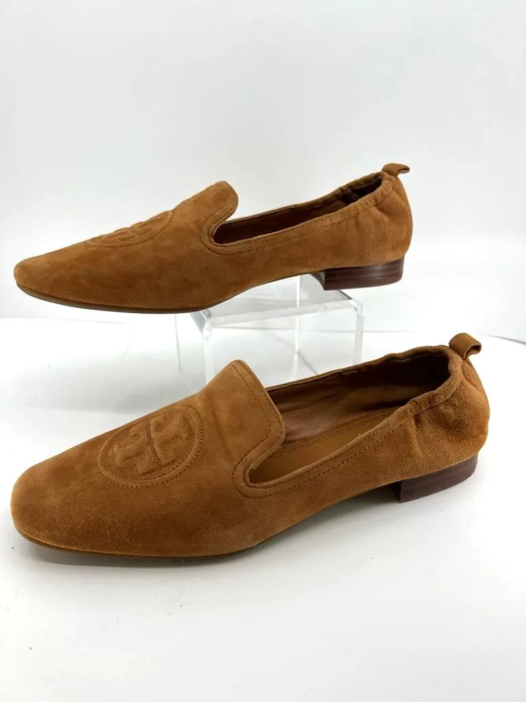 TORY BURCH EMBOSSED LOGO SUEDE AMBRA LOAFERS
