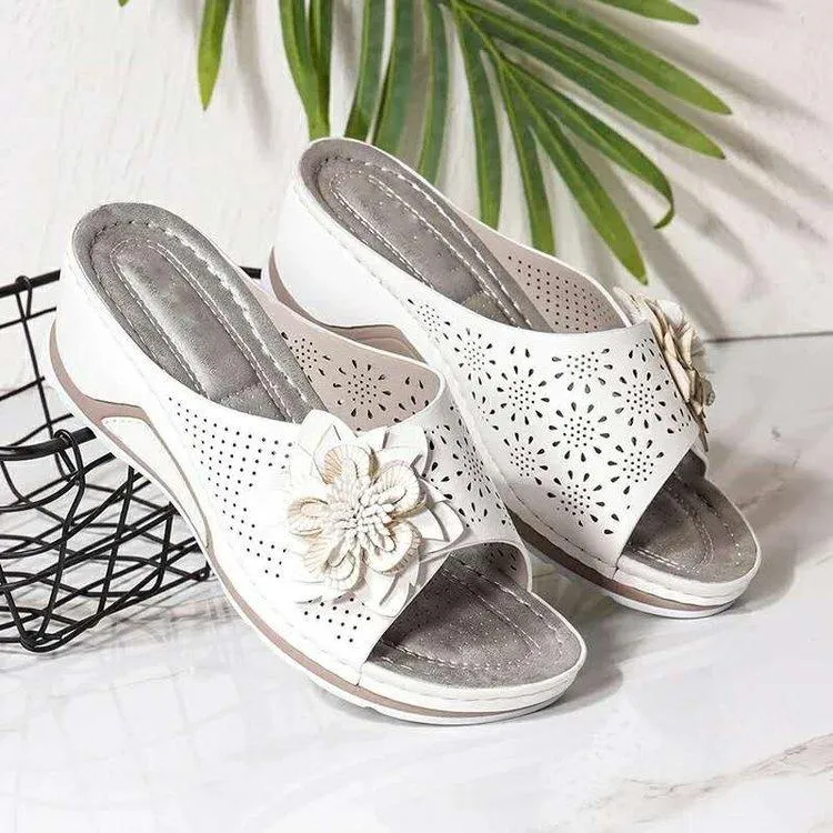 Women's retro flower arch support low wedge slide sandals