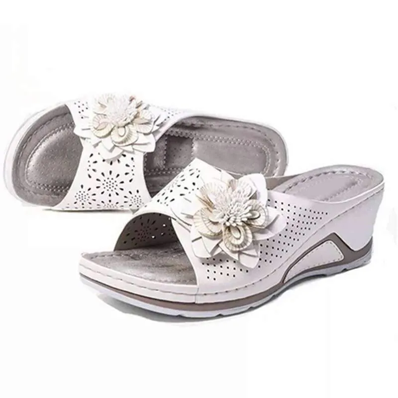 Women's retro flower arch support low wedge slide sandals