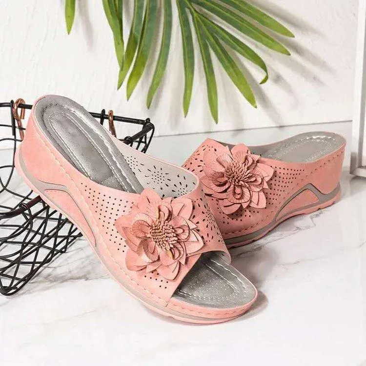 Women's retro flower arch support low wedge slide sandals