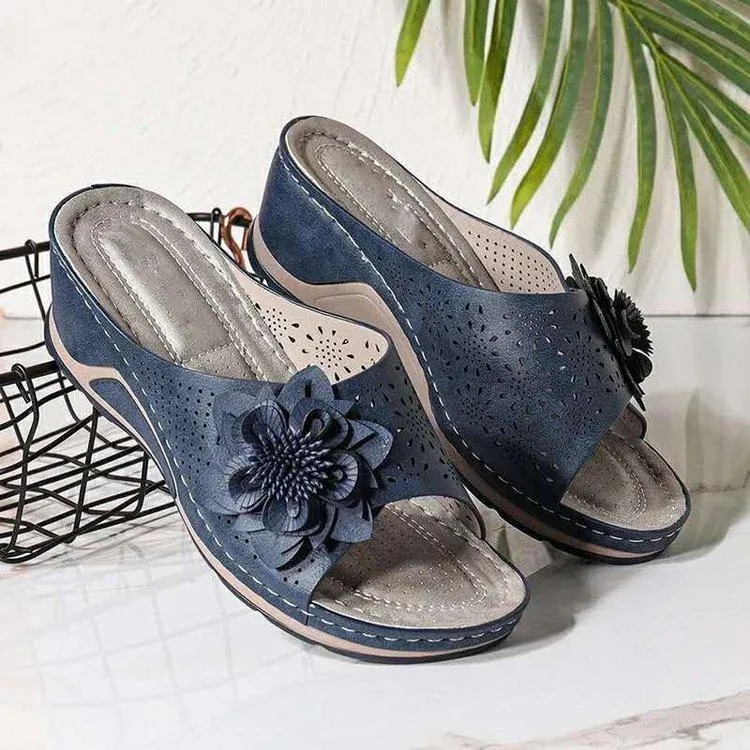 Women's retro flower arch support low wedge slide sandals