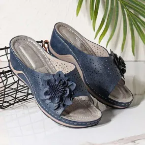 Women's retro flower arch support low wedge slide sandals