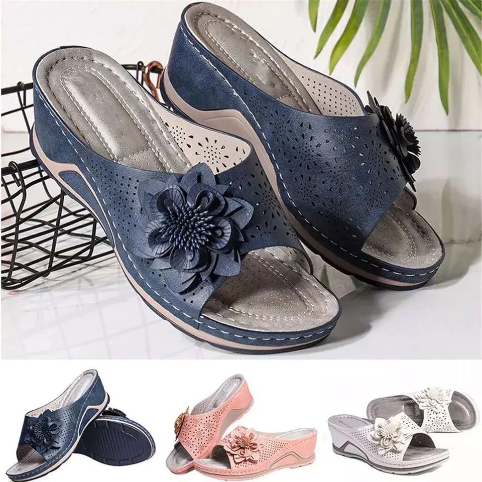 Women's retro flower arch support low wedge slide sandals