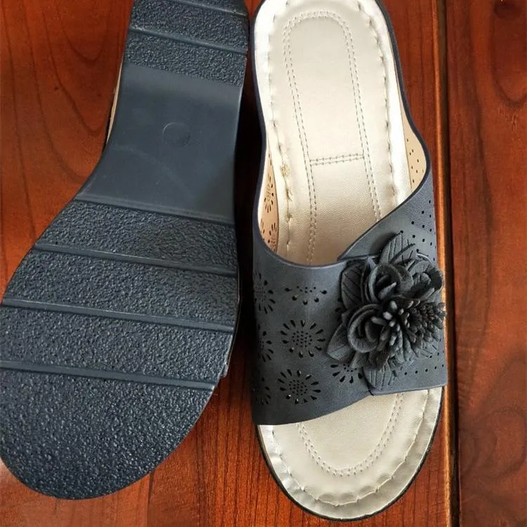 Women's retro flower arch support low wedge slide sandals