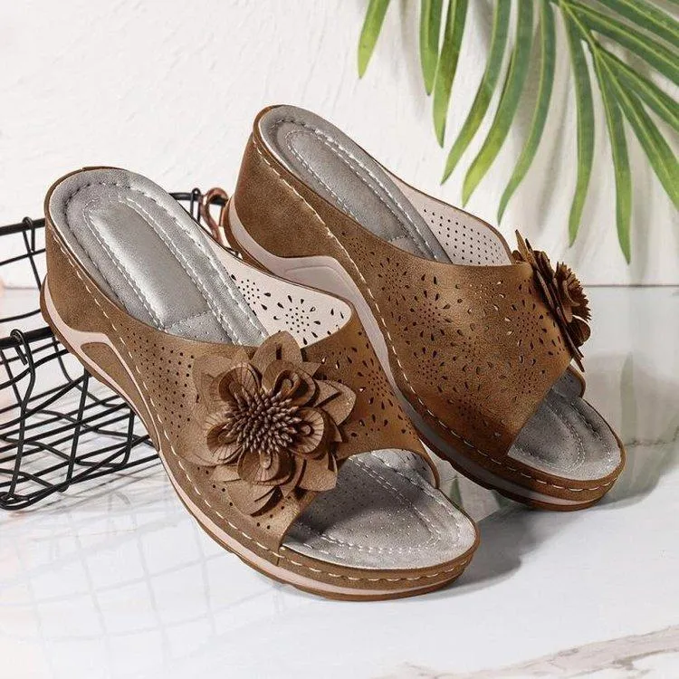 Women's retro flower arch support low wedge slide sandals