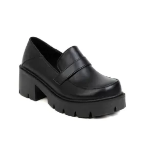 Women's Round Toe Shallow Block Chunky Heel Platform Loafers